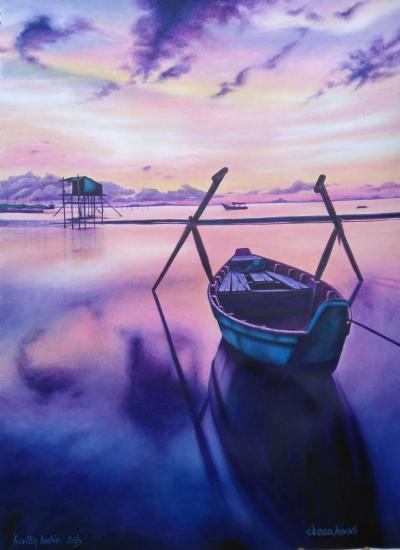 ΠΙΝΑΚΑΣ ζωγραφικής "Αυγή. Βάρκα. " Θεσσαλονίκη νομού Θεσσαλονίκης, Μακεδονία Τέχνη - Συλλογές - Χόμπι Πωλούνται (φωτογραφία 1)